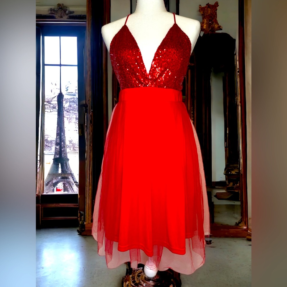 AREA Womens Sequin Short Sparkly Party Red Dress.